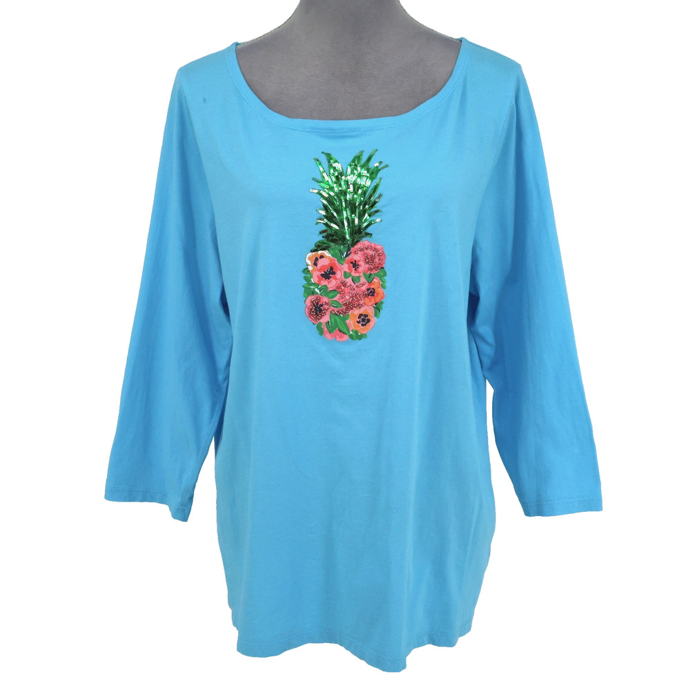 Talbots Woman Top Plus Size 1X Blue Cotton Knit T-shirt Pineapple Beads Sequins